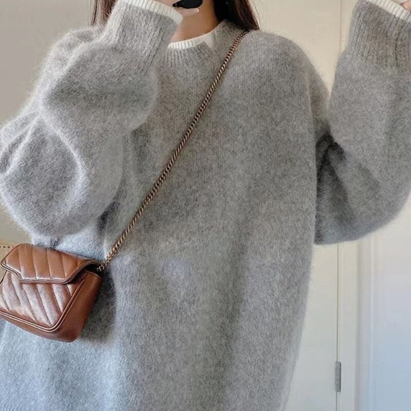 하라주쿠 컬러 블록 패치 워크 캐주얼 루즈 스웨터 여성용 니트 긴 소매 가짜 2 피스 풀오버 스플릿 점퍼 탑 066C