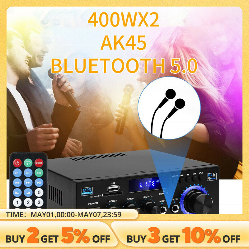 AK45 5.0 wzmacniacz mocy Bluetooth 2.0CH 40W X 2 wyjście Max 400W Subwoofer hi-fi wzmacniacz Audio odbiornik wzmacniacz Stereo