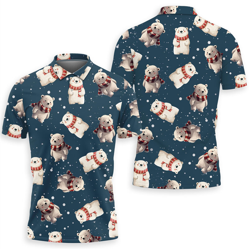 Camisas polo gráfico de urso polar masculina e feminina, roupas de animais, manga curta, camisa polo menino, tops da moda Y2K fofos, verão