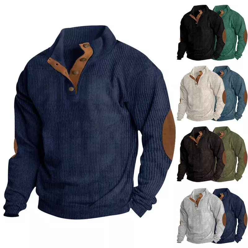 Camisola de retalhos de contraste masculina, moletons casuais soltos de manga longa, tops masculinos de gola com botão, outono, 2024