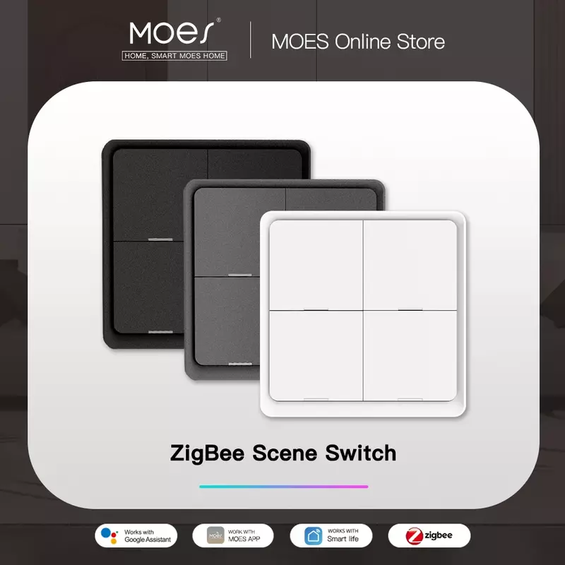 MOES 4 Gang Tuya ZigBee Wireless 12 Scene Switch Push Button Controller Battery Powered Automation Scenario for Tuya Devices