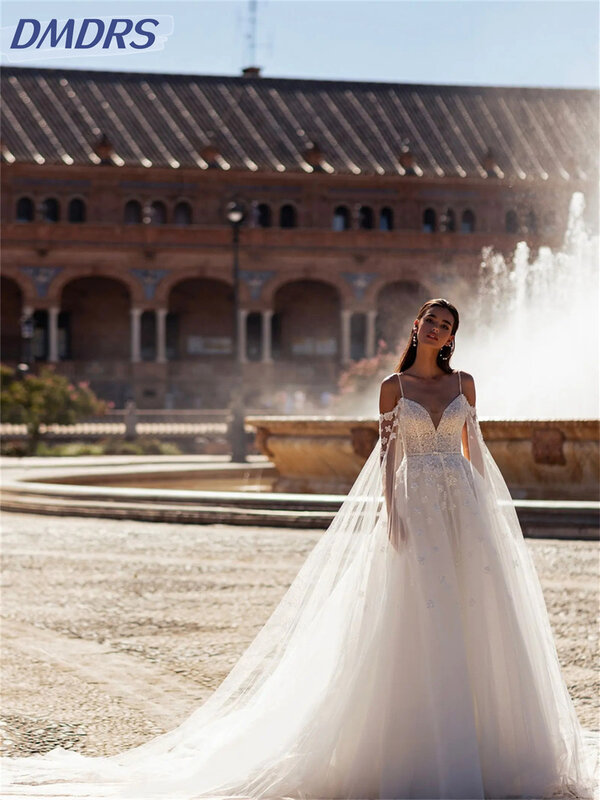 فساتين زفاف مثيرة برباط سباغيتي ، فستان زفاف من التل البسيط ، فستان رومانسي بطول الأرضية ،