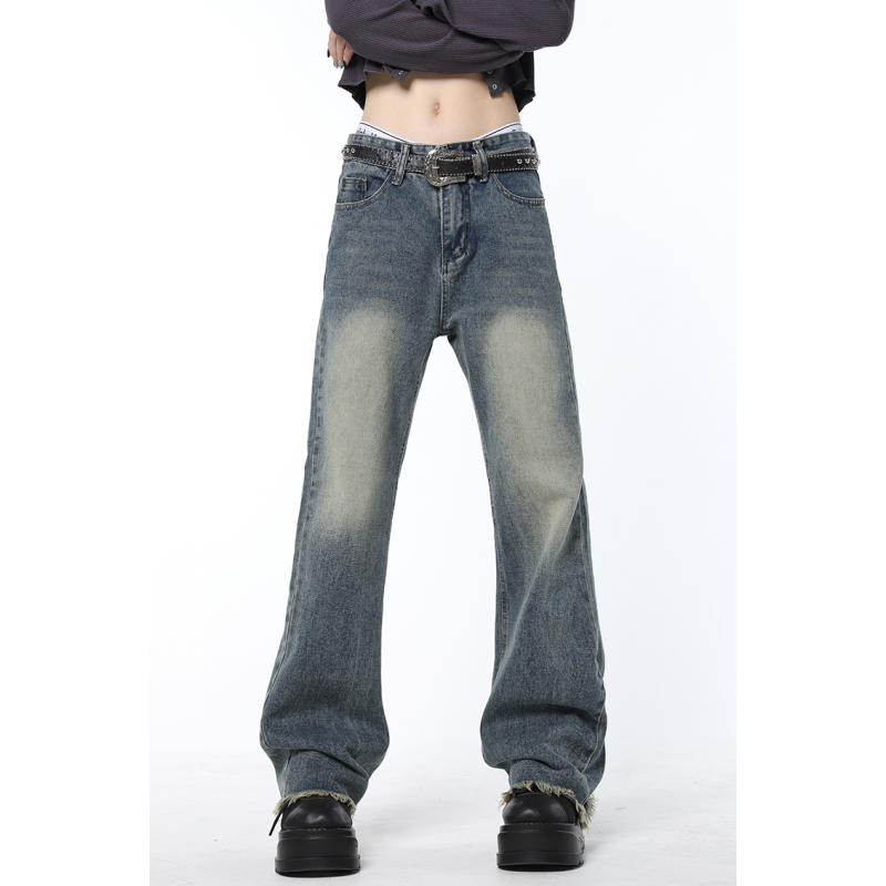 2023แฟชั่น Streetwear กางเกงยีน Vintage Blue High เอวผู้หญิงกางเกงยีนส์ AmericanFemale กางเกงตรง Baggy กางเกงยีนส์
