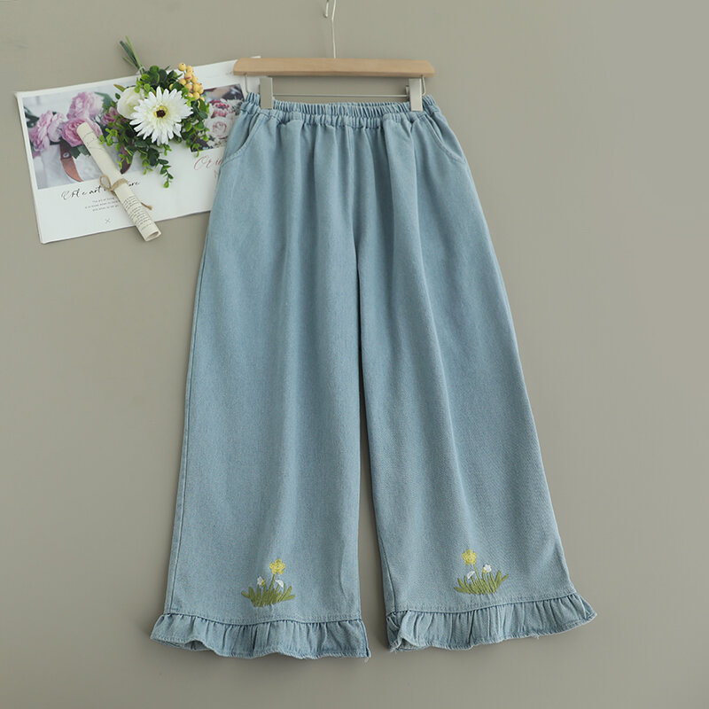 Летние милые джинсовые брюки с вышивкой, женские повседневные широкие брюки с эластичным поясом, 824-658