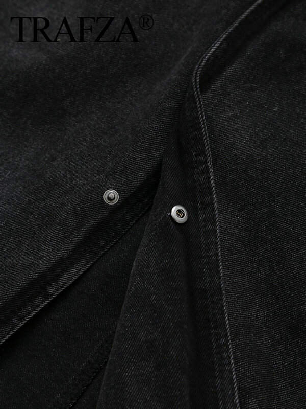 TRAFZA-blusão jeans preto moderno para mulheres, mangas compridas vintage, patchwork, lapela angustiada, casacos vintage soltos, primavera, 2022