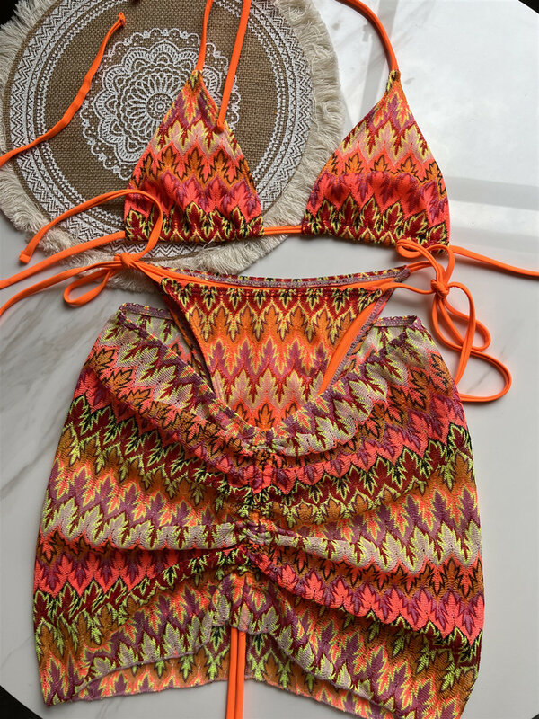 Traje de baño de Hojas de arce de colores para mujer, conjunto de tres piezas, falda de Bikini de punto, traje de baño dividido