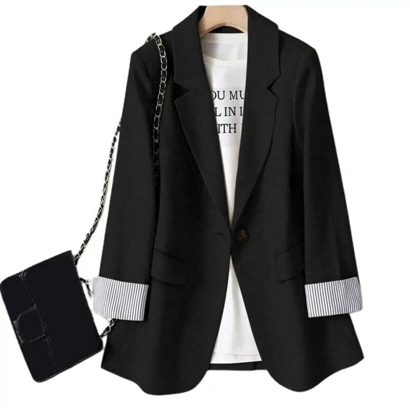 Terno Blazer estilo empresarial para mulheres, casaco monocromático, botão único, manga longa, lapela, punho listrado, ajuste fino, cardigã de deslocamento OL, jaqueta