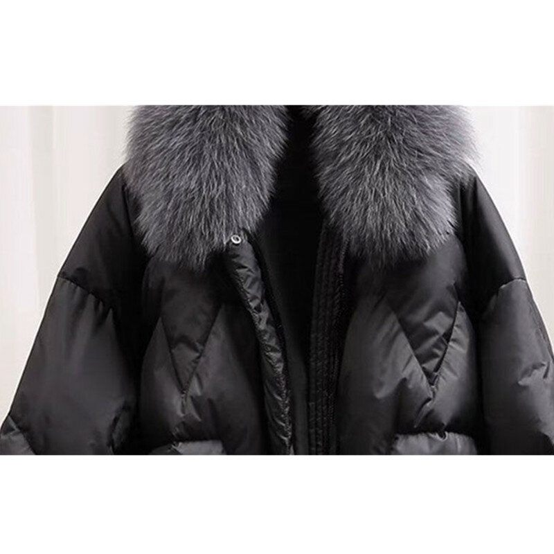 Новинка Зима 2023, винтажное женское пуховое пальто с большим меховым воротником, парки, Корейская свободная модная теплая куртка с хлопковой подкладкой, верхняя одежда