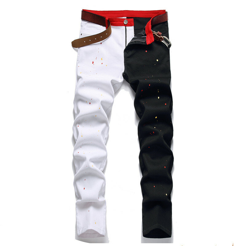 Jesienne męskie czarne biały Patchwork spodnie dżinsowe Streetwear Hip Hop dżinsy z poszarpanymi dziurami moda Harajuku jeansowe spodnie Jeans Homme