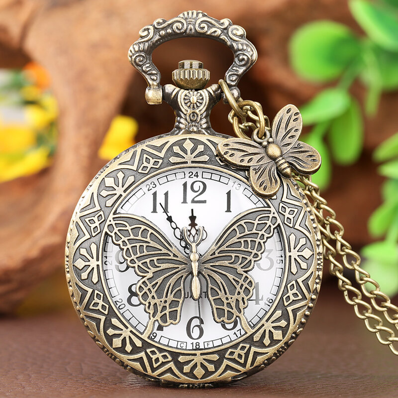 Vivid Butterfly Relief Pattern Pocket Watch Antique Exquisite Bronze Quartz Pendant Clock Watch Creative Gift with Accessories