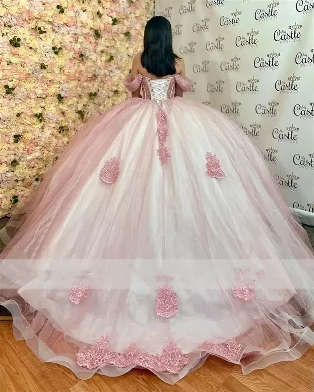 Pink Glitter Ball Gown Quinceanera Dresses Off Shoulder Crystal Sweet 16 Dress Vestido 15 Anos Princess Birthday Party Gowns