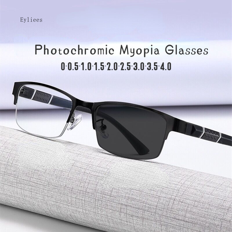Men's Vintage Business Photochromic Myopia Glasses Half Frame Metal Blue Light Blocking Eyewear Classic UV Shades Sunglasses
