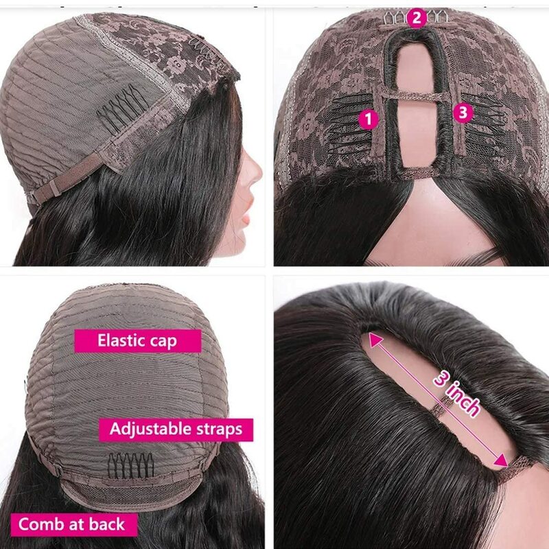 Гладкий парик с U-образной частью, прямые парики из человеческих волос Боб для женщин, короткие бразильские волосы без клея, человеческие волосы, натуральные черные парики с V-образной частью
