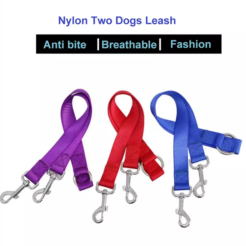 Tali anjing Coupler ganda ganda dua dalam satu nilon kuat bentuk V tali anjing peliharaan warna-warni dua cara tali hewan peliharaan