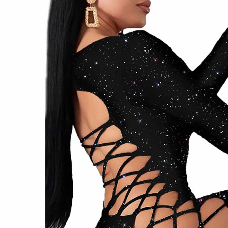 Women Sexy Glitter Sequins Bodycon Mini Dress Summer Low Cut Long Sleeve Lace-up Hollow Out Dresses Evening Party Club Wear