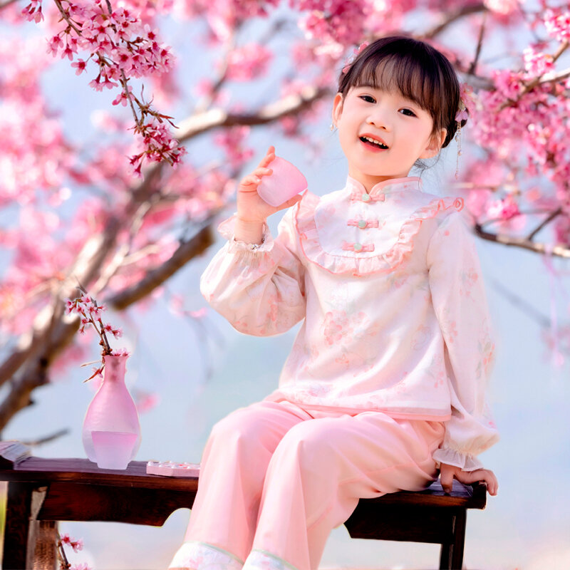 مجموعة ملابس على الطراز الصيني هانفو للفتيات الصغيرات ، بدلة تانغ محسنة للأطفال ، بنطلون وردي ، ملابس قديمة للفتيات الصغيرات ، الربيع والخريف