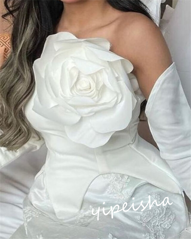 Prom Dress Saudi Arabia Exquisite Modern Style Strapless A-line Lace Flowers Satin Bespoke Occasion Dresses