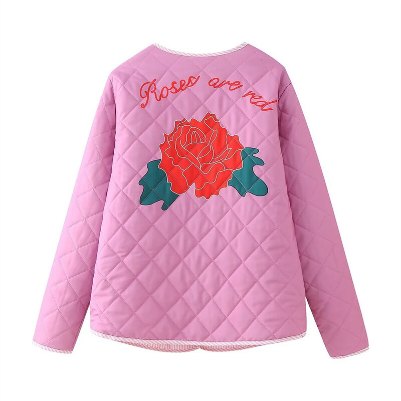 Abrigos de algodón con estampado de rosas para mujer, chaqueta de manga larga con cuello redondo y cordones, prendas de vestir de calle, 2024