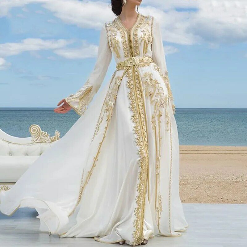 Koendye Daudi Saudi Arab Evening Dresses Golden Lace Appliques Moroccan Kaftan Dubai Mother Dress Arabic Muslim Special Occasion