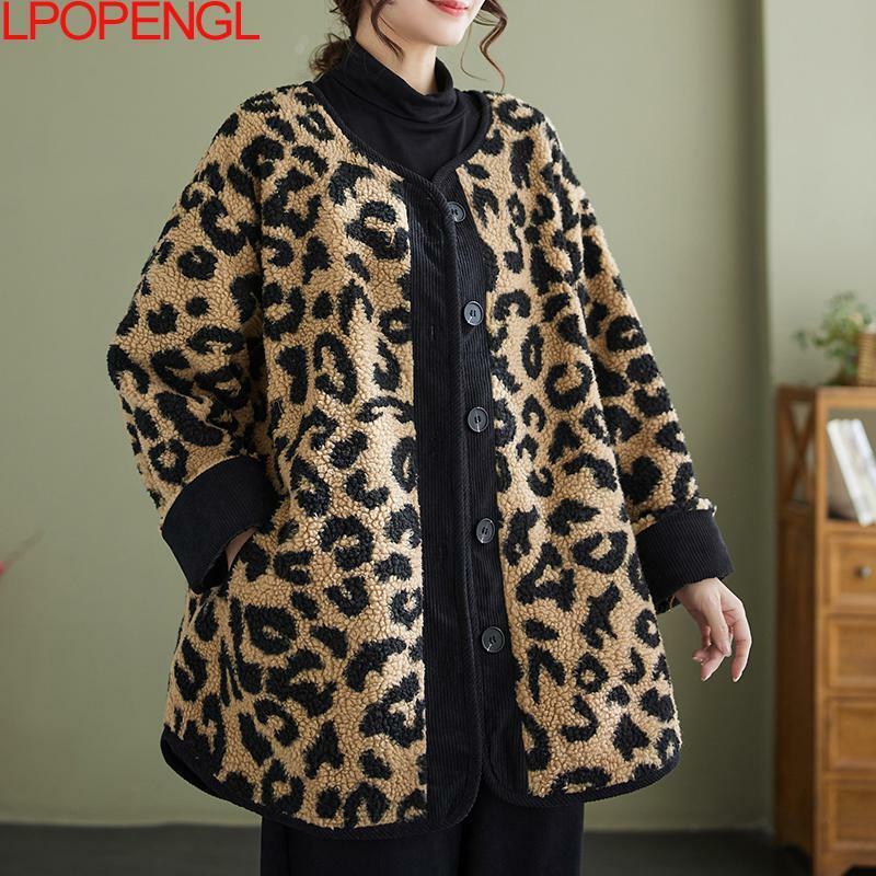 Chaqueta de algodón con estampado de leopardo coreano para mujer, ropa de calle suelta, cálida, gruesa, lana de cordero, abrigo de una sola botonadura, otoño e invierno, 2023