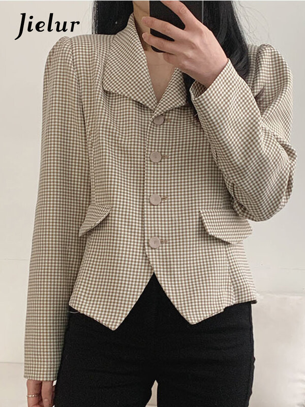 Jielur-chaquetas ajustadas a cuadros para mujer, Top informal de manga larga, holgado, a la moda, color negro y caqui, novedad de primavera