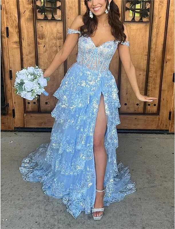 Sweetheart Neck Tulle Sequin Corset Lace Appliques Mermaid Cocktail Dress Sparkly Off-the-shoulder High Slit Formal Party Gowns