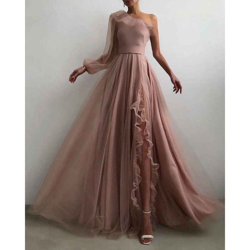 Wakuta jedno ramię długie rękawy tiulowe suknie na studniówkę elegancka suknia balowa księżniczki z falbanami sukienka weselne de soirée