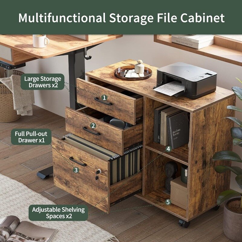 Шкаф для хранения файлов FEZIBO с 3 выдвижными ящиками, боковой шкаф для хранения с замком, подставка для принтера с открытыми полками для дома и офиса