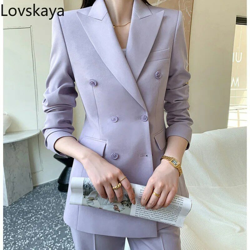 Modischer und stilvoller kleiner Anzug Herbst Winter neues Design Sinn Lavendel Gras Farbe Anzug Set Frauen