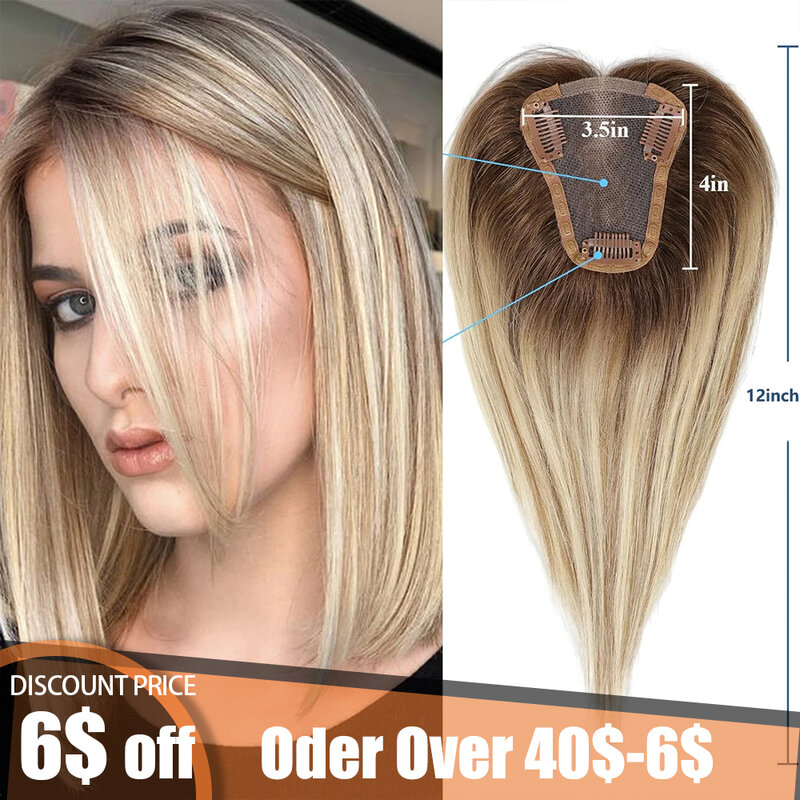 Hair Toppers Blonde Brown Ombre Remy 100% Human Hair Topper HairPieces 12inch for Women 150% Density Silk Base 3Clip in Toppers