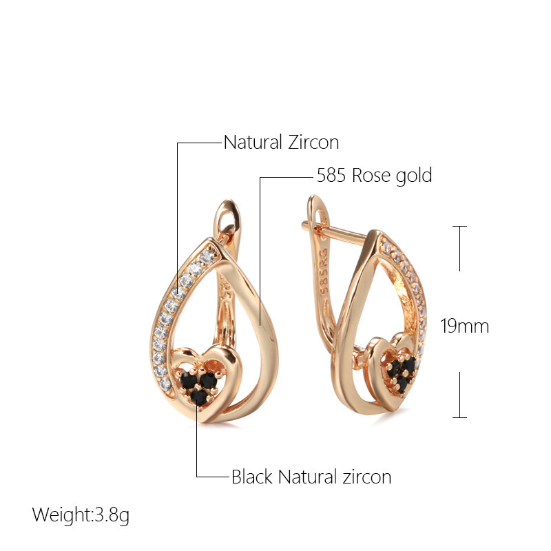 SYOUJYO Loving Heart Black Cubic Zircon Drop Earrings For Women 585 Rose Gold Color Daily Jewelry Gift