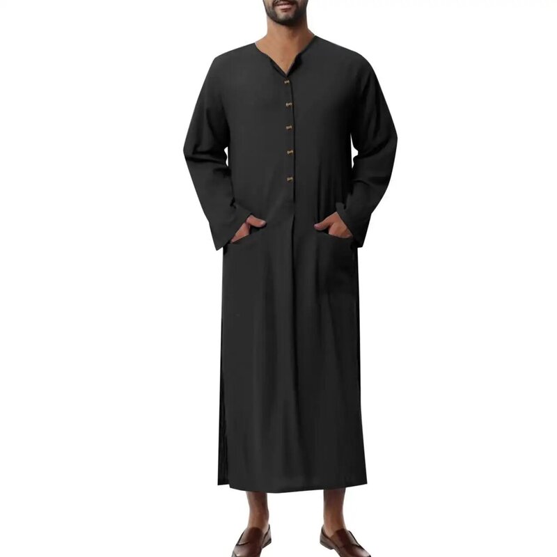 Abayas Kaftan muçulmano com bolsos sólidos, gola V, manga comprida, vestes vintage para homens, caftan árabe e islâmico, sudeste asiático, Abaya casual