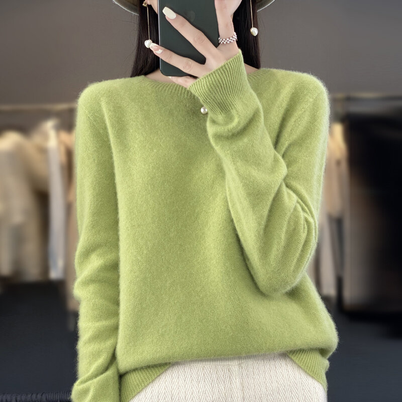 Suéter de malha de lã Merino feminino, blusa com gola O, pulôver de caxemira, suéter sem costura, roupas quentes 100% puras, moda, outono, inverno