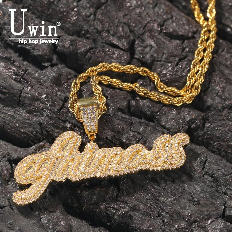 Uwin Cursive Letter With Tennis Chain Small Custom Name Necklace Cubic Zirconia Fashion Hiphop Jewelry
