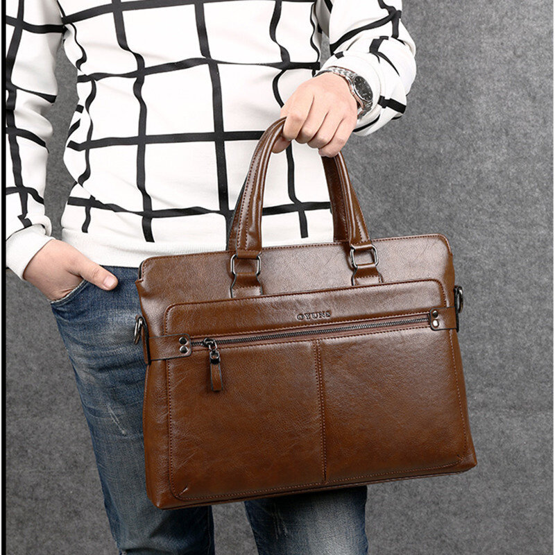 Maleta de couro de negócios masculina, bolsa horizontal, grande capacidade, ombro Messenger Bag, escritório portátil masculino