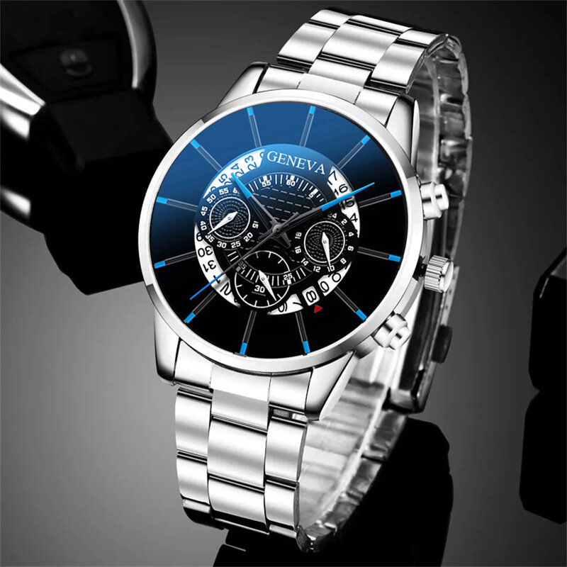 3 szt. Zestaw moda męska zegarki biznesowe męska na co dzień srebrna bransoletka naszyjnik ze stali nierdzewnej kwarcowy zegarek na rękę