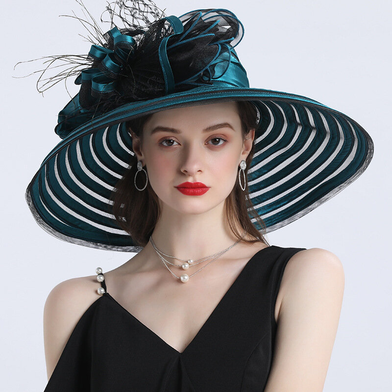 قبعة فيدورا ذات شكل زهرة كبيرة قابلة للطي للنساء ، على الطراز البريطاني الأنيق ، حافة واسعة ، كلاسيكية ، أورجانزا ، كنيسة ، عروس ، حفل زفاف
