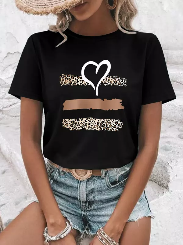 Camiseta solta de manga curta feminina, estampa de leopardo, gráfico do coração, gola redonda, blusa feminina, roupa de verão, nova, Y2k