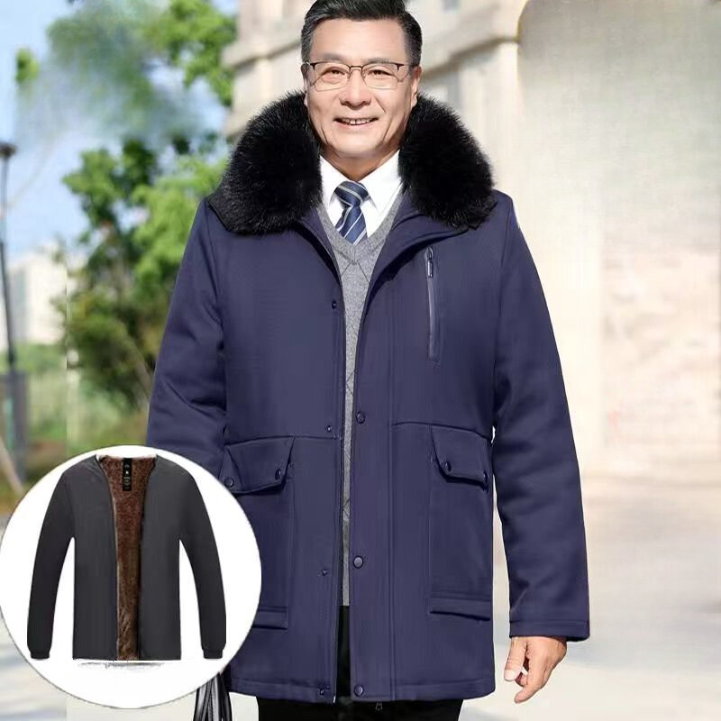 Jaket pria setengah baya dan lansia, jaket katun hangat nyaman klasik ayah tebal ukuran besar panjang sedang musim dingin A248