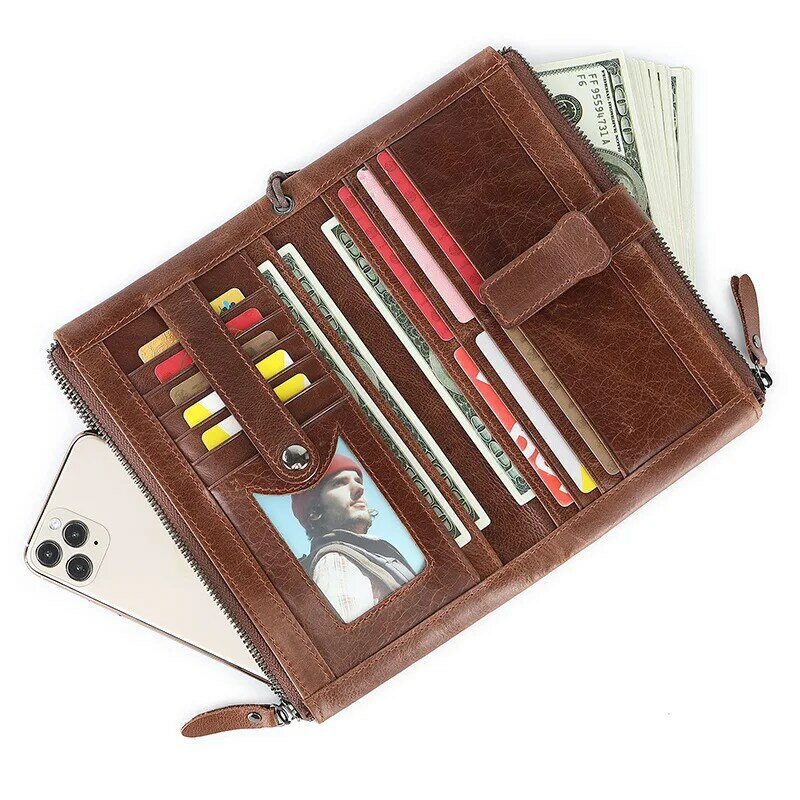 Винтажный кошелек-клатч из воловьей кожи, мужской бумажник с несколькими кармашками для карт, вместительная кожаная сумка с ремешком на руку для мужчин, клатчи