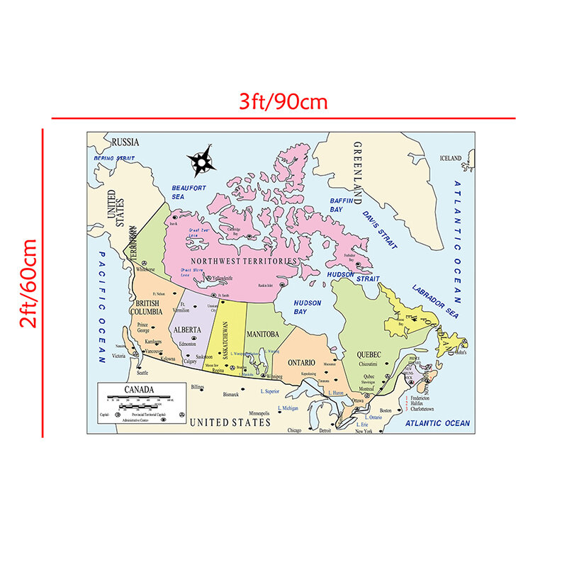 The Canada Map 90*60cm Retro Posters Education Prints Wall Art Pictures Non-woven Canvas Painting Office Home Decoration