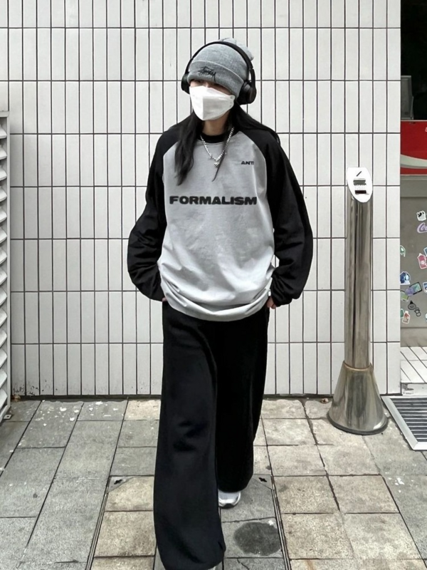HOUZHOU-Camiseta gris básica de algodón de manga larga, ropa de calle Vintage Harajuku, retales holgados de gran tamaño, Top coreano, otoño 2023