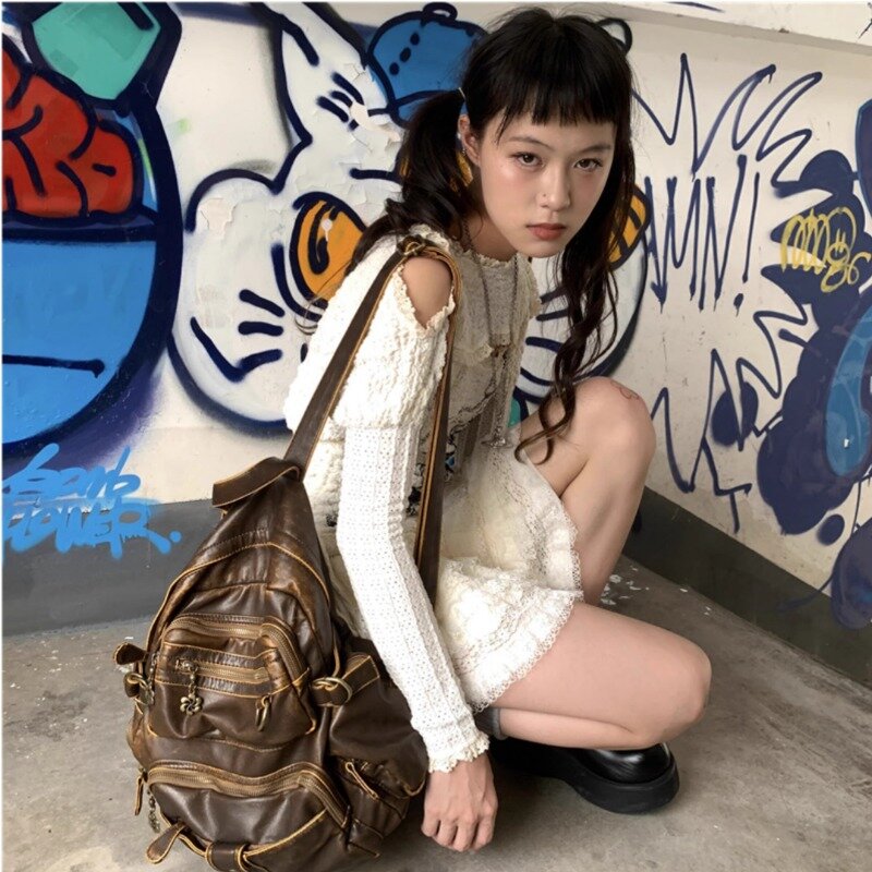 حقيبة ظهر جلدية Xiuya عتيقة للرجال والنساء ، حقيبة سفر بنية اللون ، سعة كبيرة ، أصلية غير رسمية ، أزياء مصممة ، أنثى ، Y2K