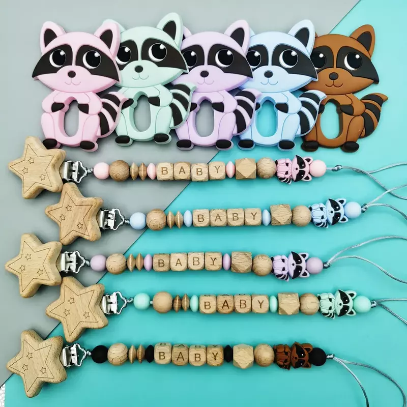 Customizable Beech English Letter Name Baby Silicone Squirrel Pacifier Clip Chains Teether Pendants Baby Pacifier Kawaii Teether