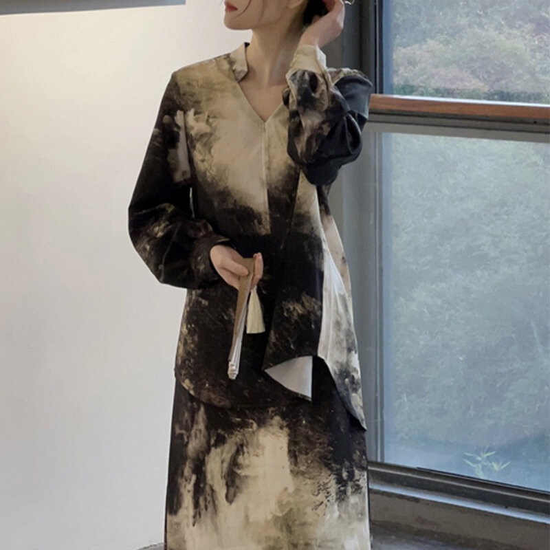 Chiński styl w stylu Retro w stylu ludowym Zen druk atramentowy efekt drapowania spódnica z nadrukiem garnitur damski, wiosenny i lato