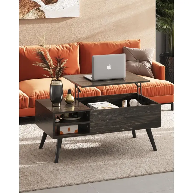 Wood Lift Top Coffee Table with Hidden Compartment and Adjustable Storage Shelf, Lift Tabletop Dining Table  Black