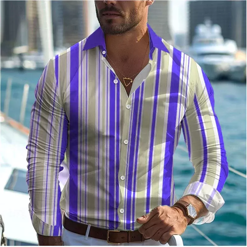 Мужская рубашка с длинным рукавом, с 3D принтом в полоску, гавайская пляжная Удобная тканевая повседневная одежда для отпуска, лето 2024