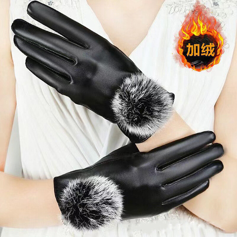 Leather gloves men's winter velvet thickened warm windproof and waterproof gloves