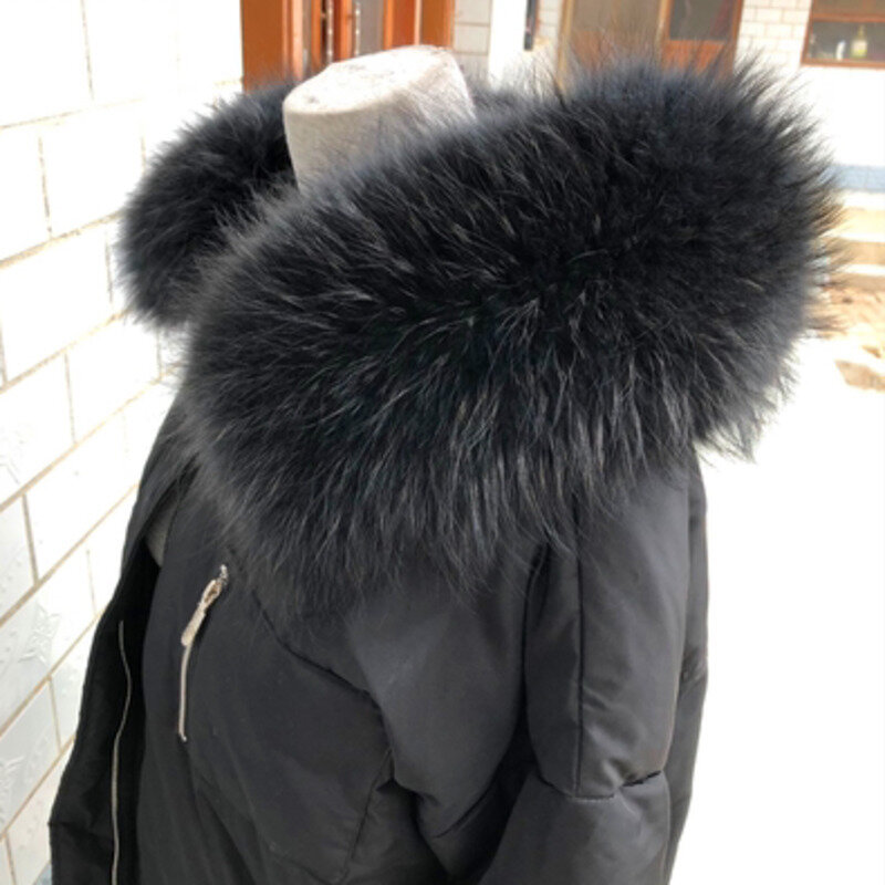Bufanda de piel de mapache 100% auténtica, cuello negro de piel Natural, bufanda de piel de mapache cálida de lujo, cuello desmontable de piel de gran tamaño