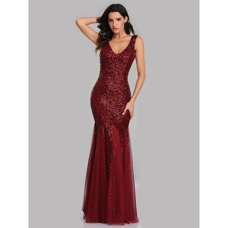 Plus Size V Neck Mermaid Dress Long Formal Prom Party Gown Sequins Sleeveless Robe Soriee Sexy Evening Vestido De Banquet